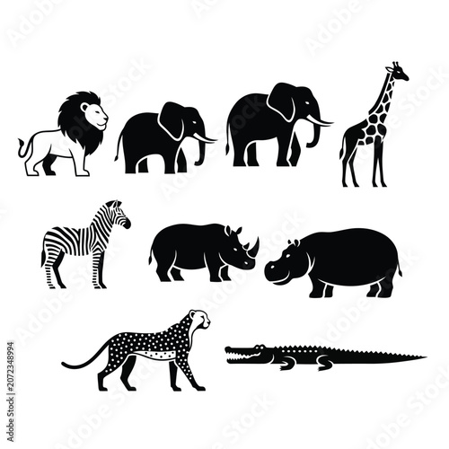 Collection of African Safari Animals Silhouette Vector Illustration.