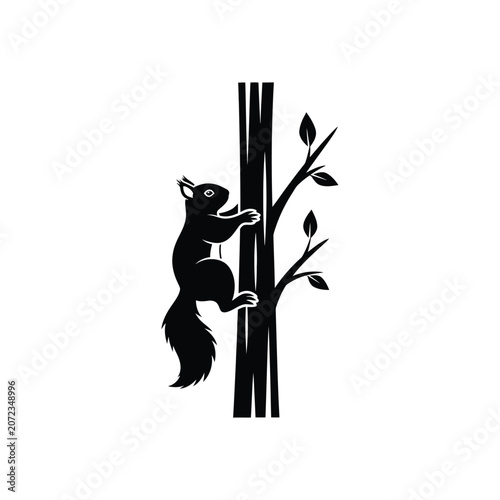 Black silhouette of a squirrel climbing a tree trunk with branches.