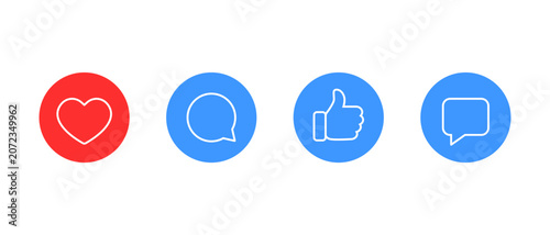 Like and comment outline icon in red and blue circle. Heart, chat, thumbs up, and speech bubble symbol