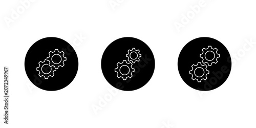 Gear outline icon set in black circle. Interlocking cogwheel symbol. System integration sign