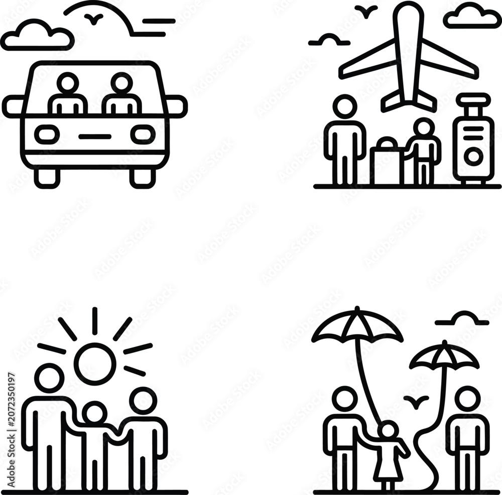 Obraz premium Family travel and leisure linear icons set representing trips and outdoorsy.