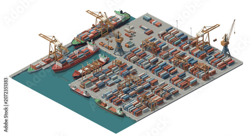 Obraz na plátně Aerial view of a bustling cargo port with numerous ships and cranes
