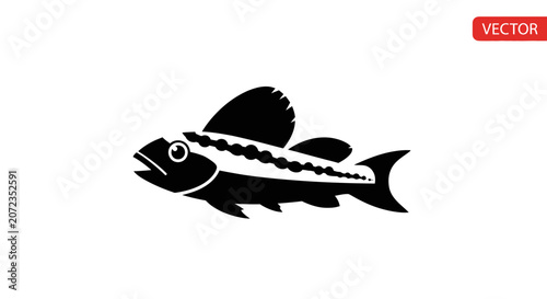 Tableau sur toile Black Silhouette of a Fish Icon, Simple Vector Illustration