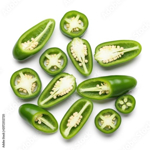 Fresh Green Jalapeno Pepper Slices Arranged Elegantly On A Pure White Background