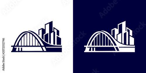 Bild auf Leinwand City skyline with bridge and skyscrapers at dusk in modern illustration