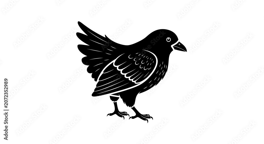 Fototapeta premium Black silhouette of a bird on a white background, linocut style