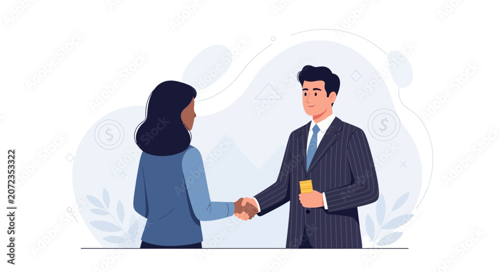 Fototapeta premium Business partners shaking hands, man gives money, financial agreement, teamwork, success concept vector illustration