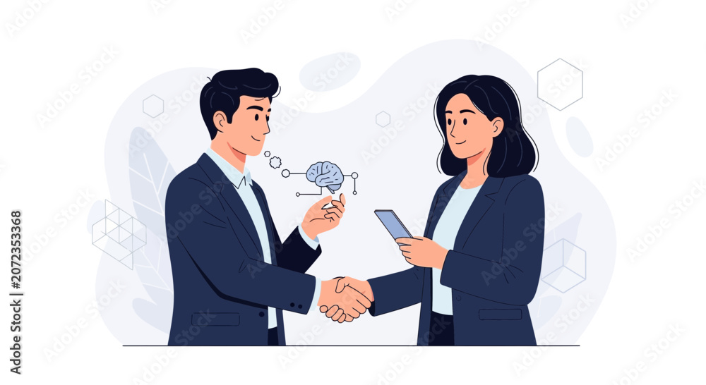 Fototapeta premium Business people shaking hands, presenting an idea inspired by AI and technology