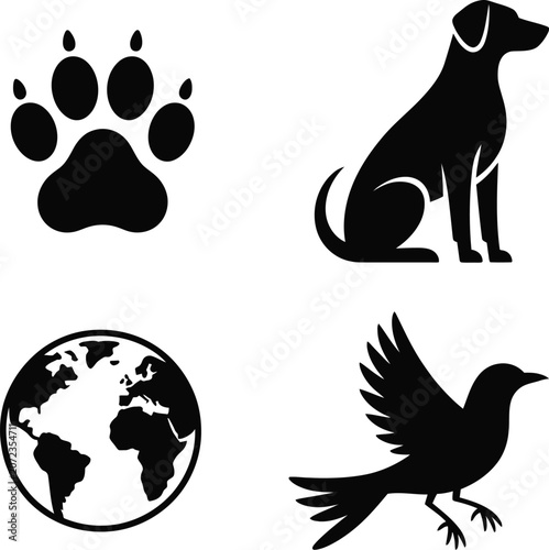 Animal and nature icons featuring dog bird paw print and earth symbols.