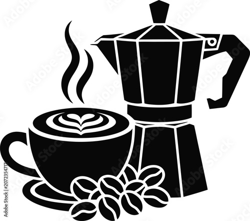 Coffee preparation set with moka pot steaming cup and roasted beans ui.
