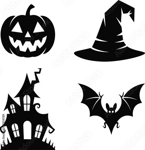 Halloween spooky icons with pumpkin witch hat haunted house and bat ui.