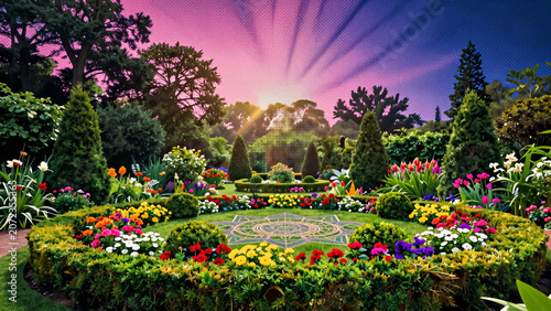 Lush Garden with Vibrant Flower Bed and Sunset Sky