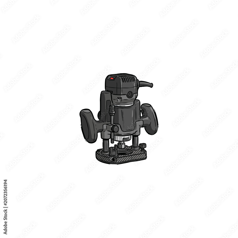 Fototapeta premium Ergonomic Black Plastic Wood Router Featuring Dual Side Grips Depth Adjustment Mechanism Carbon Fiber Base And Visible Power Indicator Vector Illustration