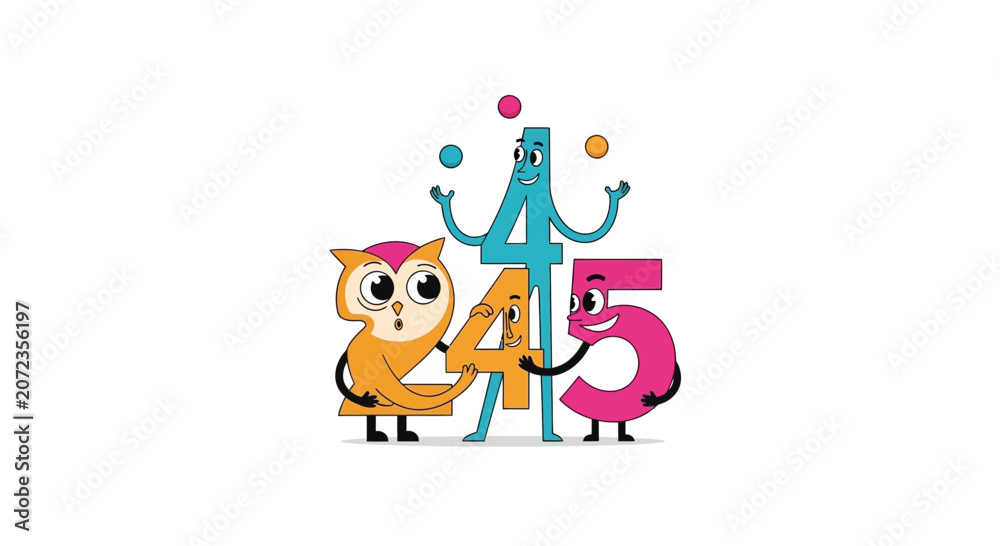 Fototapeta premium Cute Cartoon Numbers 2, 4, 5 with Owl and Juggling Character