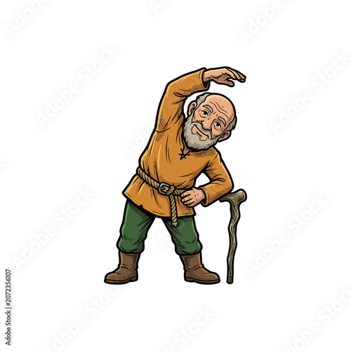 Animated Senior Male Character In Medieval Inspired Attire Stretching Sideways With One Hand Overhead And The Other On Hip Using A Carved Walking Stick For Vector Illustration