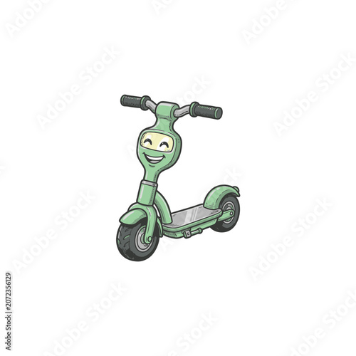 Friendly Anthropomorphic Mint Green Electric Scooter Mascot With Smiling Face Integrated Into Headlight Housing Expressive Eyes And Joyful Demeanor Vector Illustration