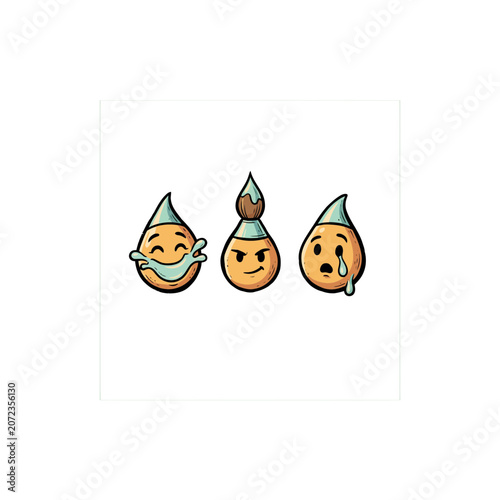 Set Of Three Stylized Water Drop Characters Each Displaying Distinct Emotions Joyful Splash Confident Smirk And Teary Shock With Smooth Gradients And Playful Details Vector Illustration