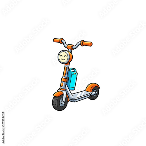 Cheerful Electric Scooter Mascot Featuring A Smiling Headlight Face Orange Grips And Fenders With A Visible Blue Battery Unit Vector Illustration