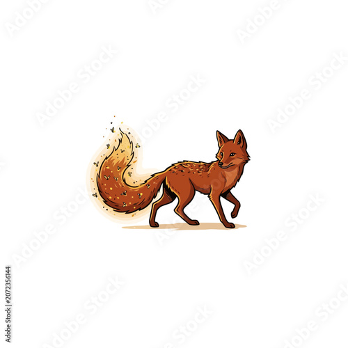 Mythical Red Fox Walking Gracefully With A Luminous Fiery Tail Emitting Sparks And Tiny Glowing Fireflies In A Serene White Background Vector Illustration