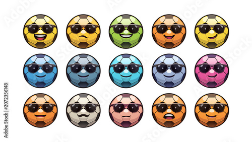Set of 15 Cool Soccer Ball Emoji Cartoon with Sunglasses Colorful Expressions Laughing Smiling Surprised Vector Icons Isolated Transparent Background