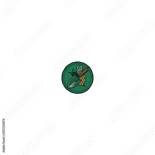 Circular Green Embroidered Badge Showing An Emerald Colored Bee Resting On A Gardening Trowel Next To A Golden Honeycomb Piece Vector Illustration