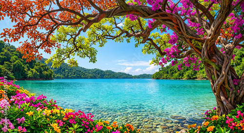 Idyllic tropical paradise landscape with a vibrant blooming tree framing clear turquoise water and lush green hills