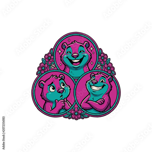 Triangular Embroidered Patch With Three Cheerful Teal And Magenta Bear Mascots Inside Floral Bordered Circles And Decorative Stitching Details Vector Illustration