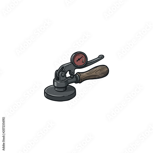Vintage Espresso Tamper With Textured Wooden Grip Metallic Frame Pressure Gauge Mounted On Lever And Flat Tamping Base Vector Illustration