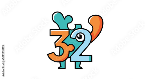 Fotografie Cute cartoon numbers 3 and 2 as puzzle pieces with eyes and legs, white backgrou