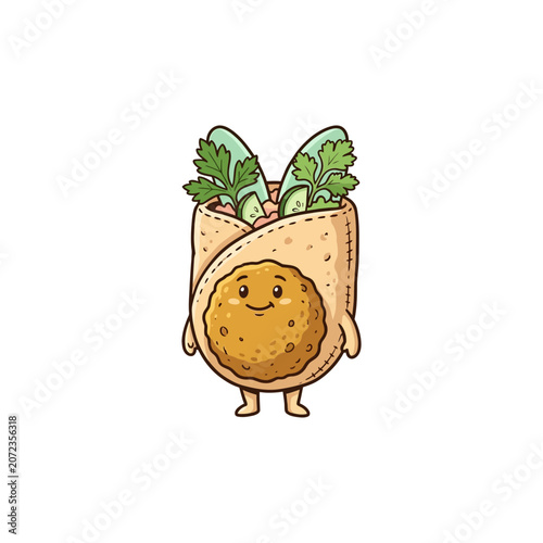 Animated Falafel Wrap Character With Stitched Pita Exterior Cheerful Falafel Head And Vibrant Vegetable Fillings Visible At The Opening Vector Illustration