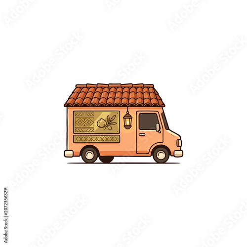 Peach Food Truck With Mediterranean Style Tiled Roof Ornate Gold Side Panel Depicting Olives And Traditional Motifs Plus Vintage Lantern Vector Illustration