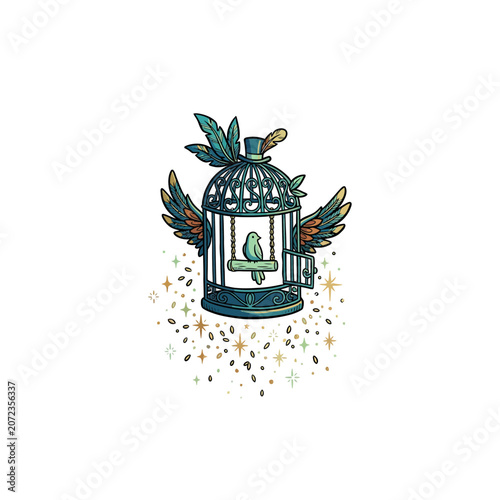 Ornate Teal Birdcage With Open Door Featuring A Green Bird On A Swing Adorned With Feathered Wings A Top Hat And Festive Golden Sparkles Vector Illustration