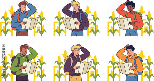 Bild auf Leinwand Diverse travelers lost in corn maze holding maps and looking confused concept fo