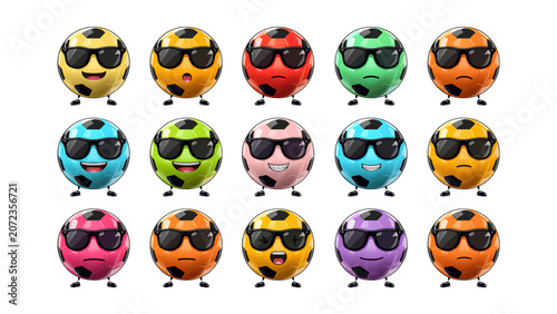 Set of 15 Cute Cartoon Ball Characters with Sunglasses Colorful Kawaii Sports Balls Happy Cool Expressions Vector Icons Isolated Transparent Background
