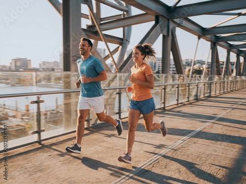 Man and woman jogging on concrete city bridge in sunlight casting long shadows