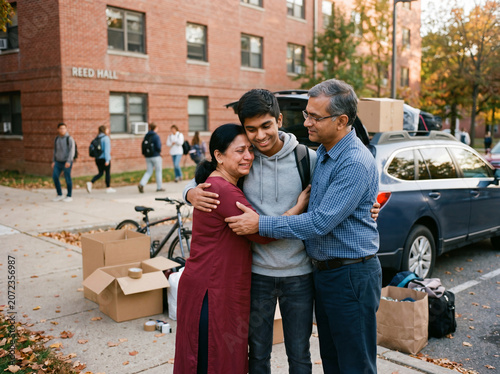 Indian college student being dropped off at college by his parents hugging him and crying