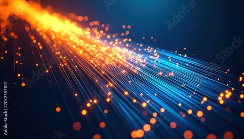 Abstract blue and orange glowing fiber optic particles.
