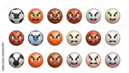 Set of 18 Angry Sports Ball Emoji Cartoon Soccer Basketball Baseball Mad Grinning Expressions Vector Icons Isolated Transparent Background