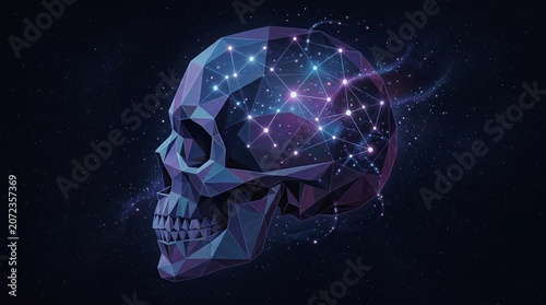 Low Poly Geometric Human Skull with Glowing Neural Network and Digital Brain Connections, Artificial Intelligence and Consciousness Concept on Dark Cosmic Background