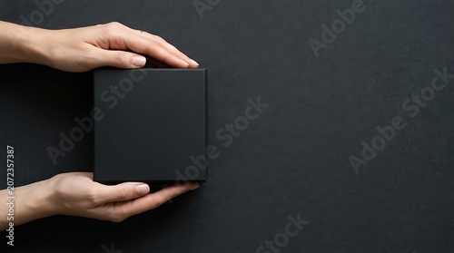 Hands holding black square gift box