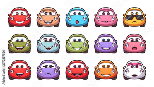 Set of 15 Cute Cartoon Car Characters Colorful Kawaii Vehicles Various Expressions Happy Surprised Angry Cool Vector Icons Isolated Transparent Background