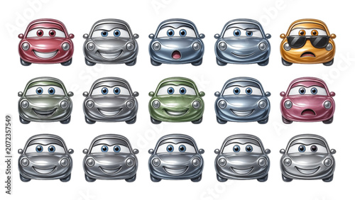 Set of 15 Cute Cartoon Car Characters Different Expressions Happy Surprised Angry Cool Sunglasses Vector Icons Isolated Transparent Background