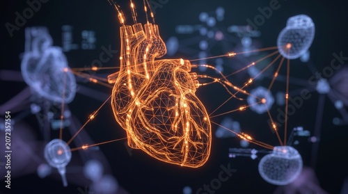 Digital Human Heart Hologram with Glowing Wireframe and Data Connections for Cardiology and Medical Technology isolated on solid background