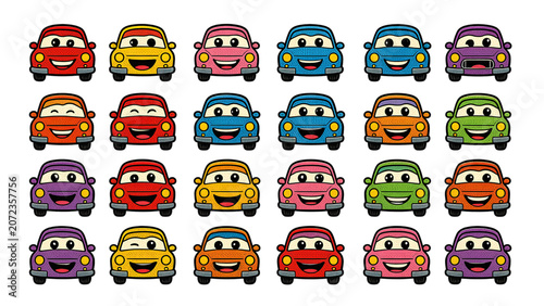 Set of 24 Cute Cartoon Car Characters Colorful Kawaii Vehicles Happy Smiling Faces Vector Icons Isolated Transparent Background