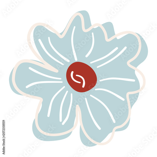 Stylized Blue Flower Illustration: A simple, hand-drawn illustration of a blue flower with a red center, featuring delicate white lines for petals and a soft outline.