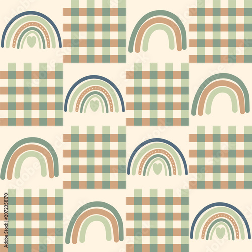 Bohemian Rainbow Pattern: A delightful mosaic of charming bohemian rainbows and cozy plaid squares in a warm, neutral palette creates a whimsical and inviting surface pattern.