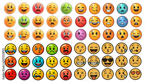 Set of 60 Colorful Cartoon Emoji Faces Expressions Icons Happy Sad Angry Love Cool Vector Isolated Transparent Background