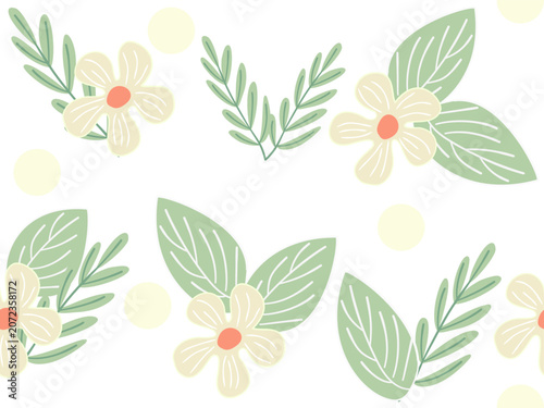 Floral Embellishments: A charming collection of delicate floral illustrations, featuring soft cream blossoms with subtle coral centers and vibrant green leaves, scattered across a clean.