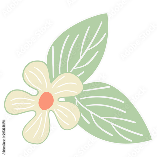 Delicate Flower and Leaf Illustration: A simple yet elegant illustration of a single flower with cream petals and an orange center, accompanied by two soft green leaves with delicate vein details.