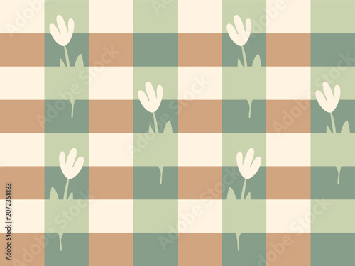 Gingham Pattern with Flowers: A charming and whimsical gingham pattern featuring simple, stylized white flowers in a soft palette of green, cream, and brown.